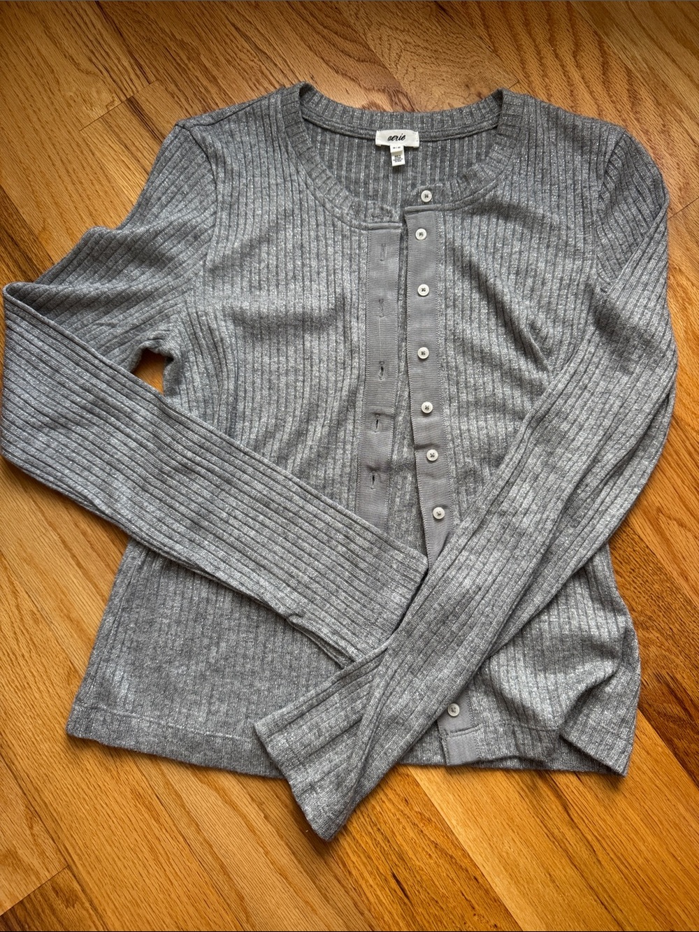 Aerie Ribbed Button-Front Long Sleeve Tee - Gray